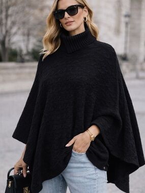 Ralph Lauren 100% Cashmere Black Cable Knit Turtleneck Poncho Cape